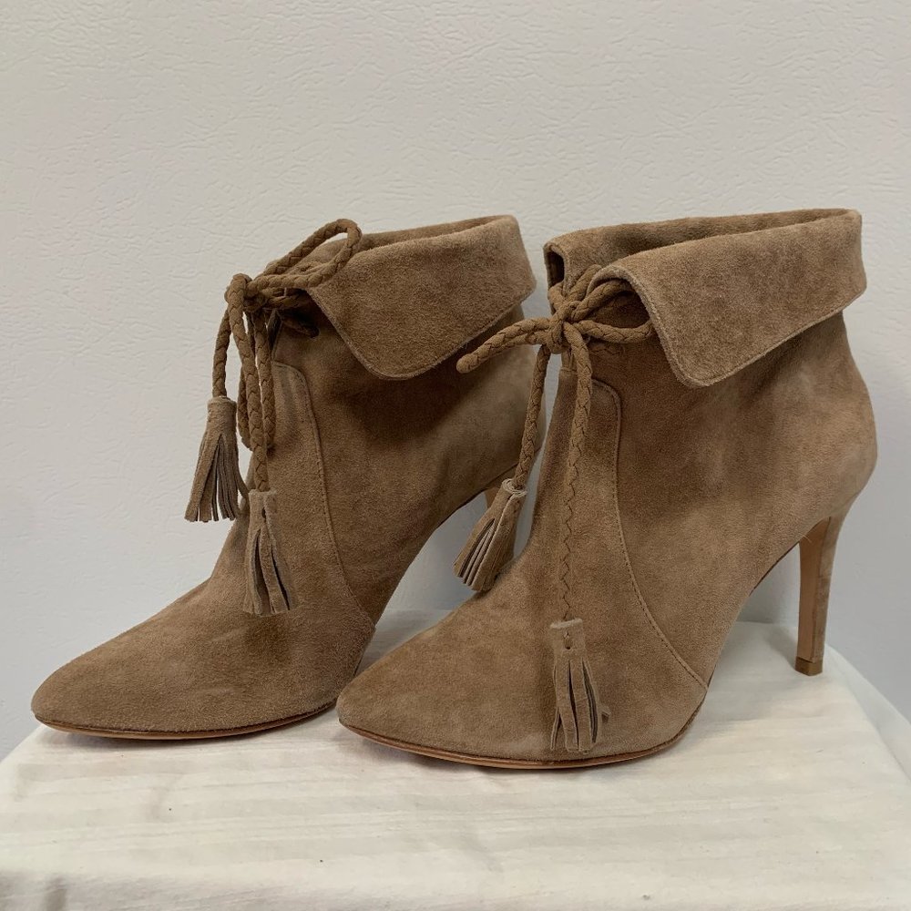 JOIE | Women's Suede Tassel Stiletto Bootie | Nude | Size US 7 EU 37.5